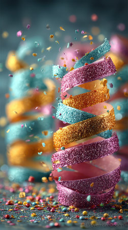 Vibrant streamers swirl around as confetti falls gently from above creating a joyful atmosphere at a lively celebration filled with energy.の素材