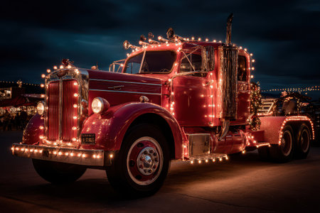 A classic red truck shines brightly at a festive night gathering adorned with colorful lights that reflect the joyful atmosphere.の素材