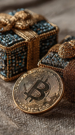 Glittering presents surround a shining bitcoin coin symbolizing wealth and modern finance during a festive season of giving.の素材