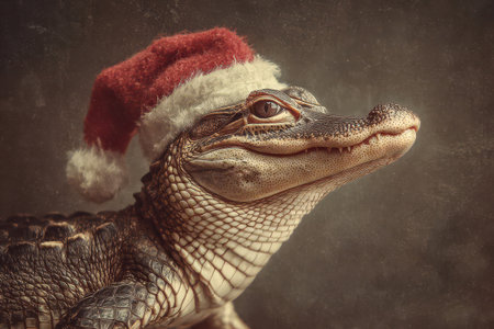 A crocodile wears a cheerful red Santa hat smiling charmingly against a textured background celebrating the joy of the holiday season.の素材