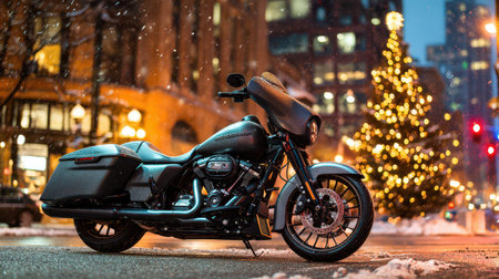 A sleek motorcycle is parked on a snowy city street as holiday lights twinkle in the background creating a festive atmosphere.の素材