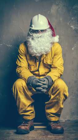 A person in a yellow work suit and hard hat sits on a stool wearing a fluffy white beard and Santa hat. The scene is set against a gray wall.の素材