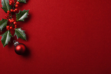 Bright red background showcases a sprig of holly and a shiny ornament creating a cheerful holiday atmosphere perfect for celebrations.の素材