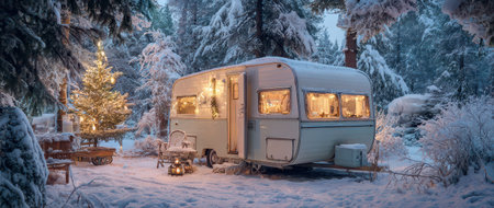 A charming caravan sits in a snowy forest illuminated by warm lights. Nearby a decorated tree adds festive cheer to the serene winter scene.の素材