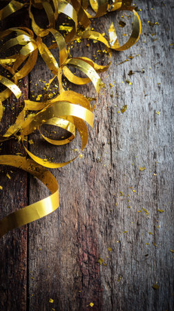 Shimmering golden ribbons scatter across a rustic wooden surface creating a festive atmosphere perfect for celebrations and special moments.の素材