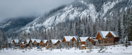 A charming village of wooden cabins rests in a snowy landscape surrounded by majestic mountains and tall evergreen trees on a cloudy day.の素材