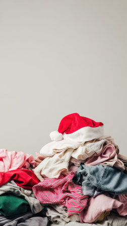 A colorful heap of clean laundry sits on a surface crowned by a bright red Santa hat hinting at holiday cheer and seasonal joy.の素材