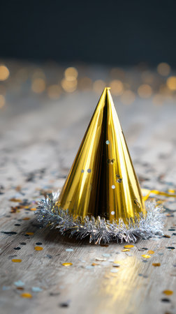 A shiny gold party hat sits on wooden ground covered with colorful confetti ready for a cheerful celebration or festive gathering.の素材