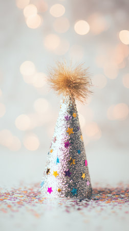 A glittering party hat stands alone decorated with colorful stars amidst a backdrop of soft shimmering lights creating a joyous atmosphere.の素材