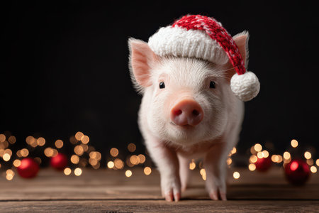 A playful piglet dons a red and white Santa hat surrounded by glowing lights and holiday decor capturing the joy of the festive season.の素材
