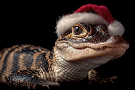 A lizard poses with a red and white Santa hat adding a fun touch to the festive season. Its curious gaze captures the spirit of celebration.の素材