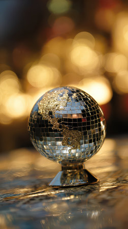 A tiny disco globe sits on a table shimmering with golden accents while colorful lights create a lively atmosphere around it.の素材