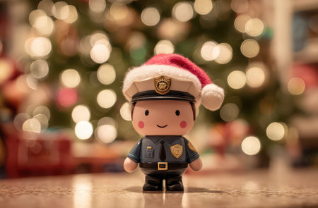 A cute toy police officer wears a Santa hat standing in front of a festive tree adorned with sparkling lights and colorful ornaments.の素材