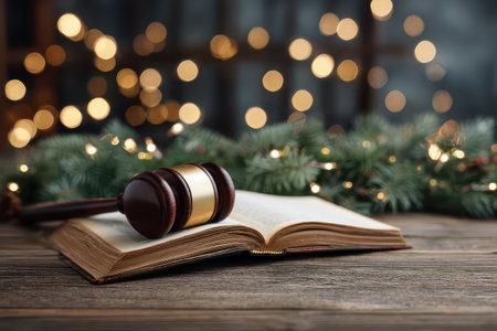 A gavel lies atop an open law book surrounded by soft twinkling lights and evergreen branches creating a warm festive atmosphere.の素材