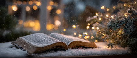 An open book lies on fresh snow surrounded by evergreen branches and soft glowing lights creating a cozy winter scene.の素材