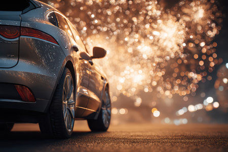 A sleek car stands still on a city street as vibrant fireworks explode overhead illuminating the night sky with colorful sparks and lights.の素材