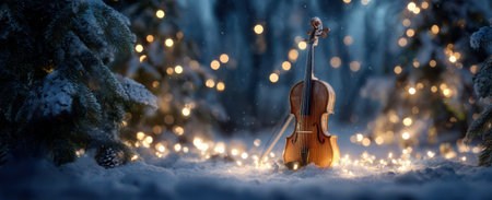 A wooden violin stands amidst snow covered trees softly glowing lights twinkling around it creating a magical winter scene.の素材