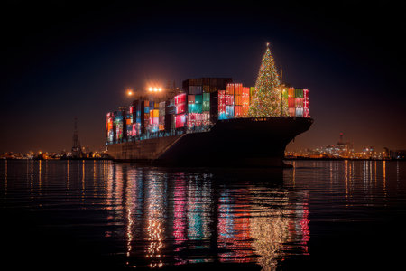A large cargo ship shines brightly at night decorated with vibrant lights and a festive tree on top.の素材