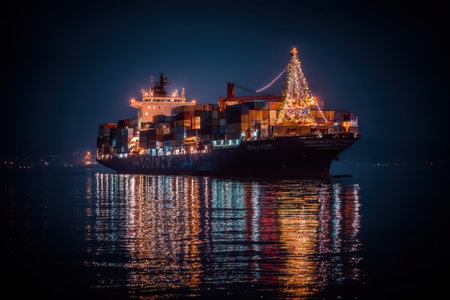 A large container ship displays colorful lights and a Christmas tree creating a festive scene against the night sky on calm waters.の素材