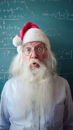 A joyful teacher wearing a Santa hat stands in front of a chalkboard filled with math equations expressing surprise and excitement.の素材