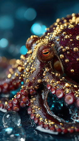 A vibrant octopus displays its rich colors and intricate textures while resting on a smooth surface surrounded by shimmering blue water.の素材