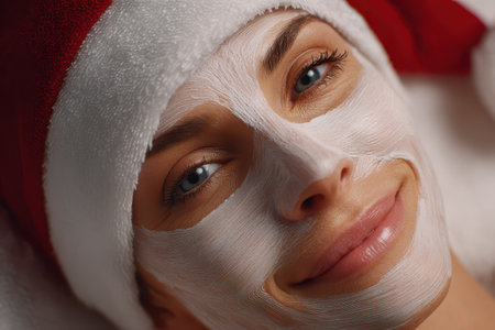 A woman enjoys a refreshing face mask while wearing a festive Santa hat embracing a moment of self care and relaxation during the holiday season.の素材