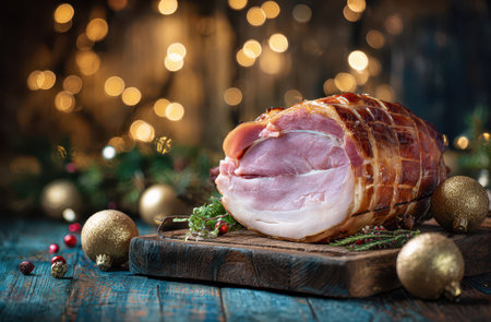 A beautifully glazed holiday ham rests on a rustic wooden board surrounded by golden ornaments and twinkling lights creating a festive atmosphere.の素材