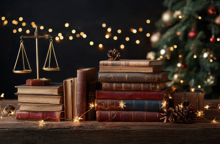 Old books and a balance scale rest on a wooden table surrounded by sparkling lights adding warmth to a festive atmosphere.の素材