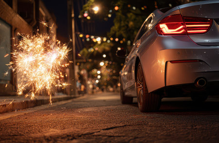 In a lively street at night sparklers light up the pavement next to a sleek silver car under festive lights and a joyful atmosphere.の素材