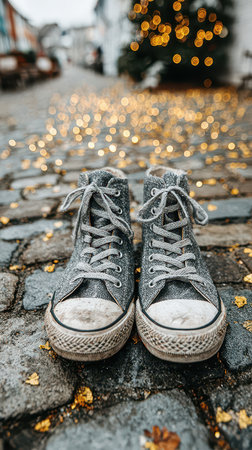 Worn gray shoes rest on a cobblestone path illuminated by soft golden lights from nearby buildings creating a cozy nostalgic atmosphere.の素材