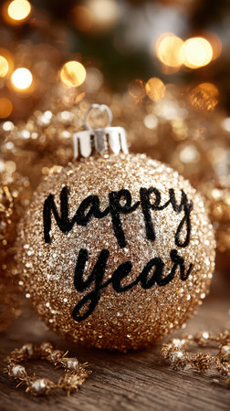 A sparkling golden ornament sits amidst festive decorations reading Nappy Year as the warm glow of lights surrounds it creating a joyful atmosphere.の素材