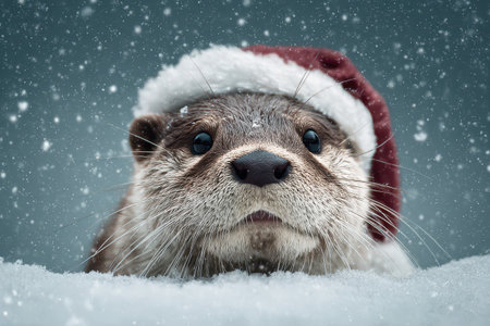 A curious otter peeks through snow adorned with a festive Santa hat.の素材