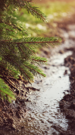 Raindrops glisten on the soil as a green branch reaches down capturing the beauty of nature after a refreshing shower.の素材
