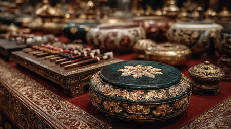 Beautifully crafted antique items are showcased at a bustling market featuring intricate designs and rich colors that draw visitors in.の素材