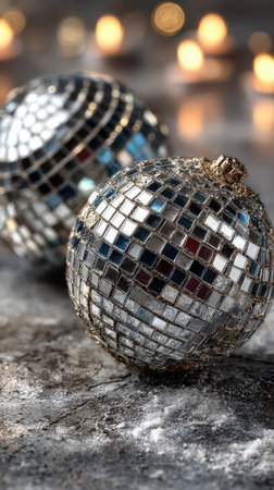 Two sparkly disco balls reflect warm candlelight creating a festive atmosphere perfect for holiday gatherings and celebrations.の素材