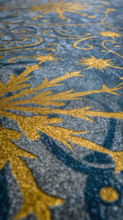 Detailed golden designs spread across rich blue fabric creating a stunning visual display that captures the essence of elegance and artistry.の素材