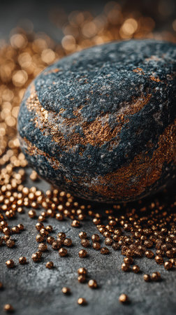 A textured stone on a dark background is framed by shimmering golden beads blending nature with elegance in a captivating scene.の素材
