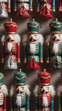Festive nutcracker dolls dressed in bright colors line a rustic wooden backdrop capturing the spirit of holiday cheer and tradition.の素材