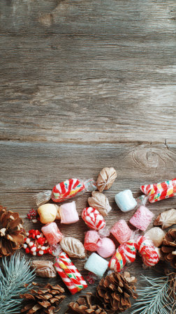 Brightly colored candies and pine cones arranged on a rustic wooden table creating a warm festive atmosphere perfect for the season.の素材