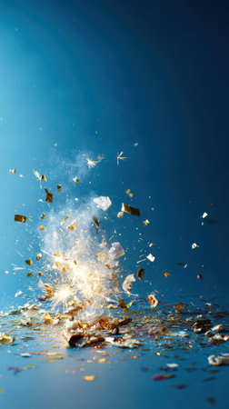Golden confetti bursts into the air creating a festive display.の素材