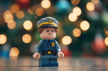 A delightful toy police officer in uniform poses cheerfully with a blurred Christmas tree in the background celebrating the New Year spirit.の素材
