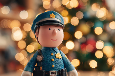 A charming toy police officer stands proudly sporting a hat with colorful blurred lights twinkling in the background celebrating New Year.の素材