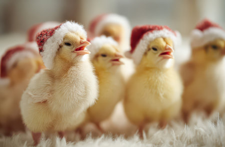 A group of fluffy yellow chicks wears festive Christmas hats as they gather together in a cozy indoor setting spreading holiday joy.の素材