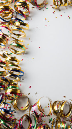 Colorful streamers and confetti surround an empty space inviting celebration and excitement for the New Year ahead with joyful vibes.の素材