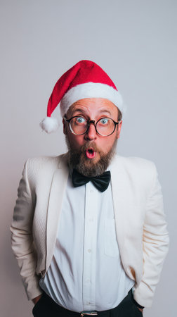 A man in a festive Santa hat and formal wear shows surprise and excitement embodying the spirit of New Year joy and celebration.の素材