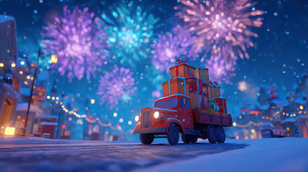 A cheerful red truck drives down a snowy road carrying colorful New Year gifts surrounded by sparkling fireworks and festive lights.の素材