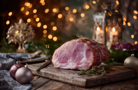 A large beautifully arranged piece of raw ham sits on an old wooden board surrounded by seasonal decorations. Soft lights create a warm atmosphere.の素材