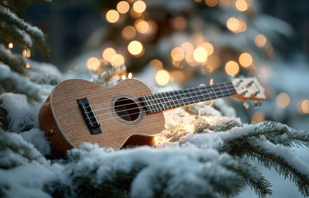 A wooden ukulele nestles among snow covered pine branches surrounded by shimmering lights celebrating the spirit of New Year.の素材