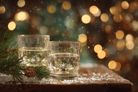 Two glasses filled with water sit on a wooden table surrounded by festive decorations and a warm inviting atmosphere for New Year celebrations.の素材