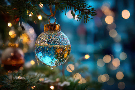 A stunning glass ornament filled with water hangs on a green Christmas tree. Colorful lights twinkle around it creating a festive atmosphere.の素材